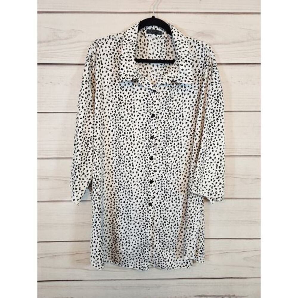 Shein Women's White Black‎ Animal Print 3/4 Sleeve Button Front Blouse 3XL